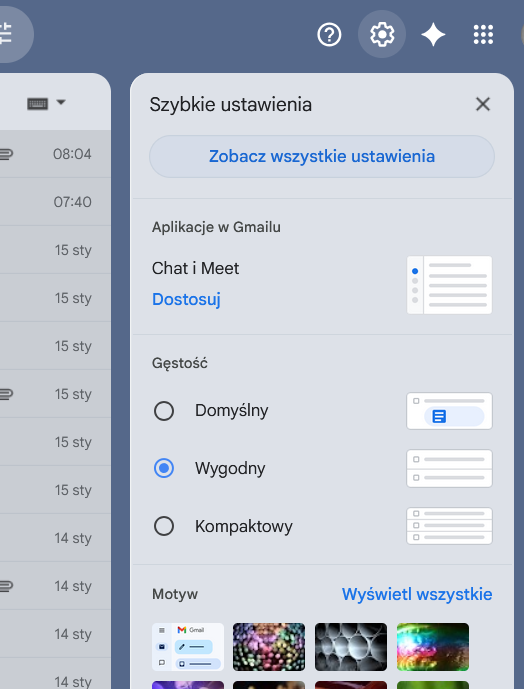 Gmail ustawienia - zębatka i zobacz wszystkie ustawienia