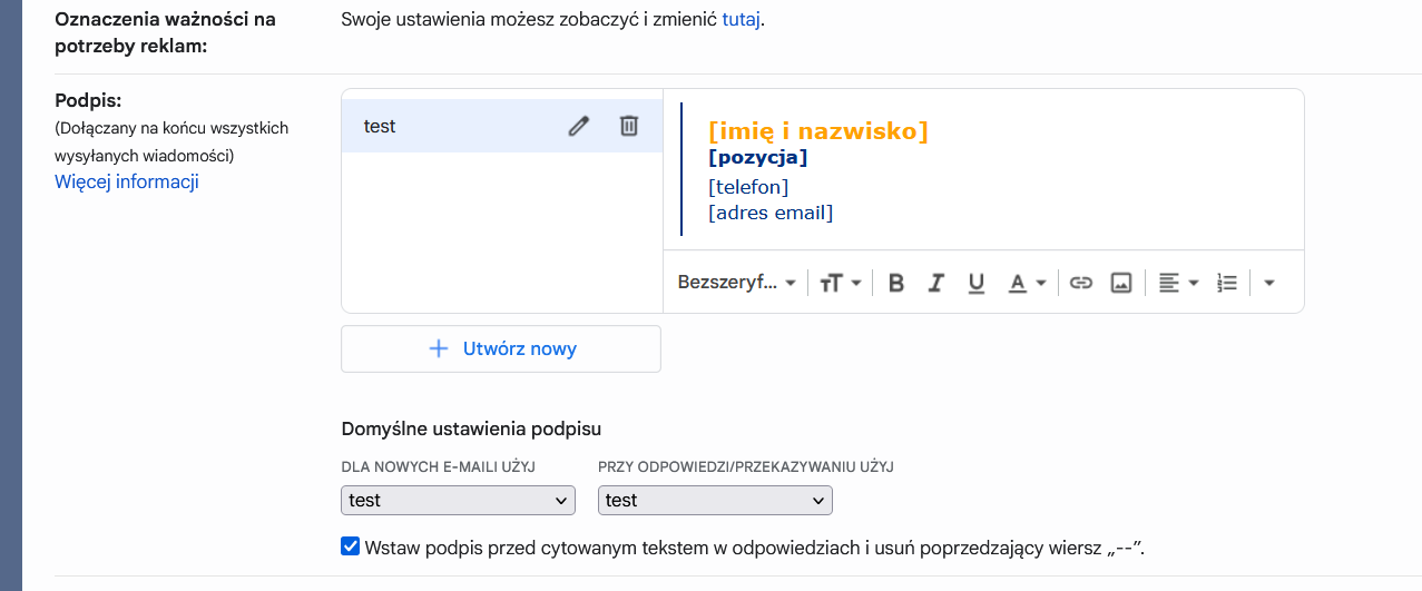 Wklejanie stopki w Gmail - wygląd stopki